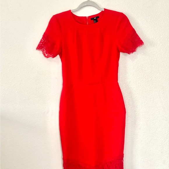 H&M Red Lace Trimmed Sheath Midi Dress Short Sleeve Size 4 - Picture 2 of 10